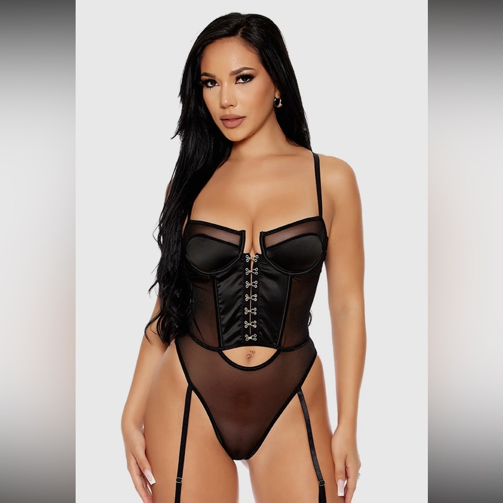 Black Teddy Satin Sheer Corset Bustier Bodysuit - Picture 2 of 7